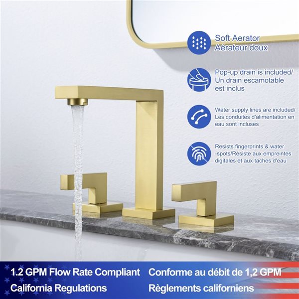 Rainlex 2-Handle Square Widespread Bathroom Faucet with Brushed Gold Drain Assembly