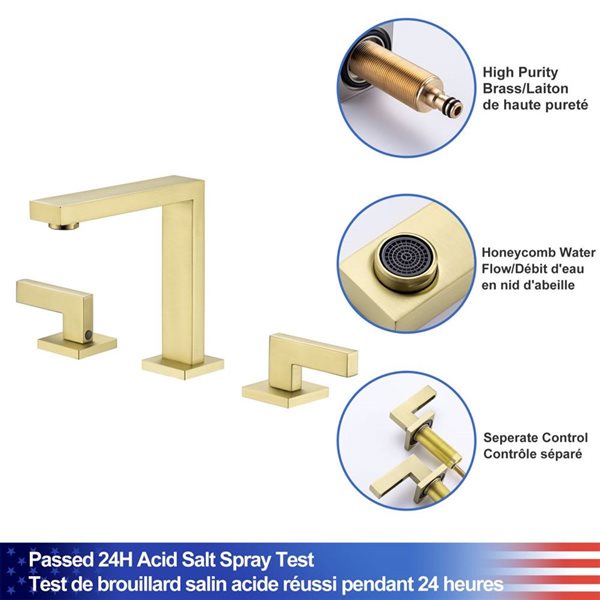 Rainlex 2-Handle Square Widespread Bathroom Faucet with Brushed Gold Drain Assembly