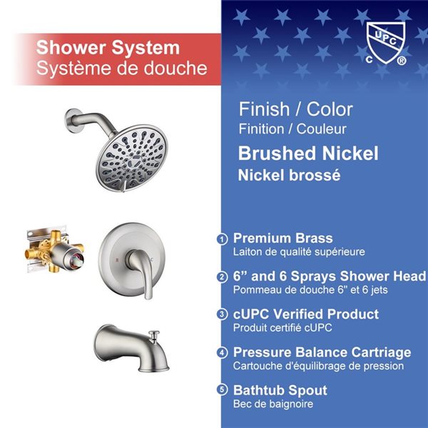 Rainlex 6-in Brushed Nickel Simple Single-Handle 6-Spray Bathtub Shower Faucet