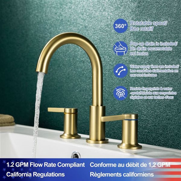 Rainlex 2-Handle Widespread Bathroom Faucet with Brushed Gold Drain Assembly