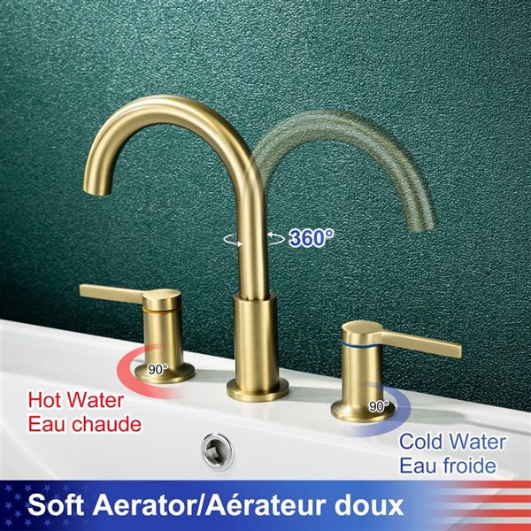 Rainlex 2-Handle Widespread Bathroom Faucet with Brushed Gold Drain Assembly