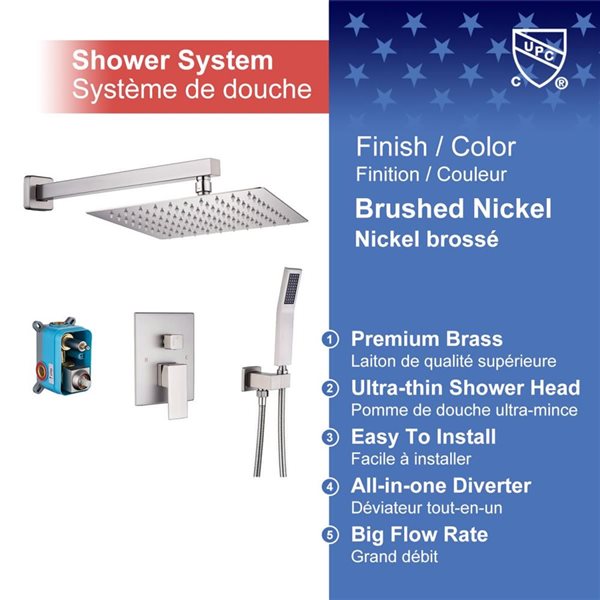 Rainlex 10-in Brushed Nickel Single-Handle 2-Sprays Square Showerhead Shower Faucet and Tub with Valve