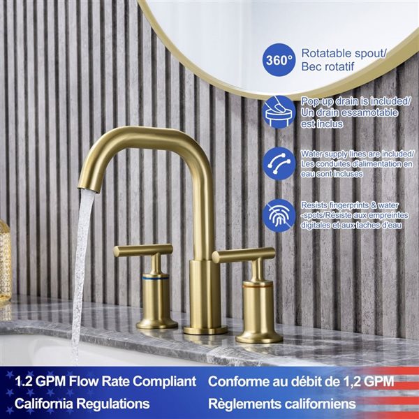 Rainlex 2-Handle Widespread Bathroom Faucet with Brushed Gold Drain Assembly