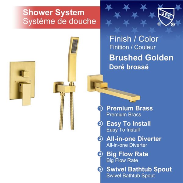 Rainlex Brushed Gold Single-Handle Wall Mount Roman Tub Faucet with Swivel Tub Spout and Rough-In Valve