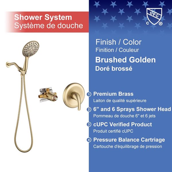 Rainlex 6-in Brushed Gold Simple Single-Handle 6-Spray Shower Faucet with Handheld