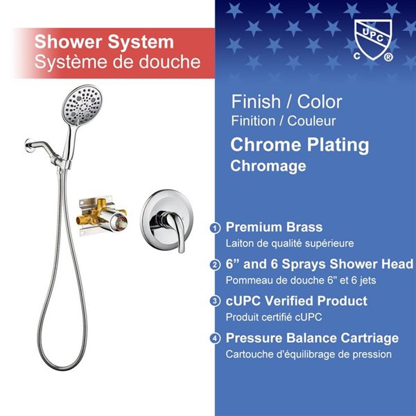 Rainlex 6-in Chrome Simple Single-Handle 6-Spray Shower Faucet with Handheld
