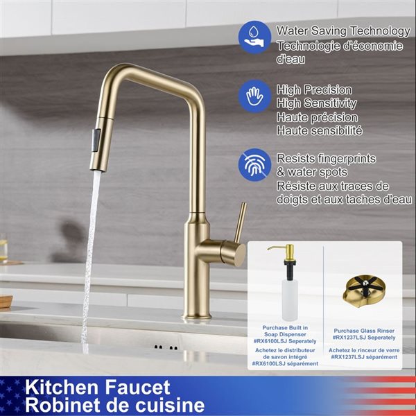 Rainlex Brushed Gold Single Handle Pull Down Sprayer Kitchen Sink Faucet With Supply Lines