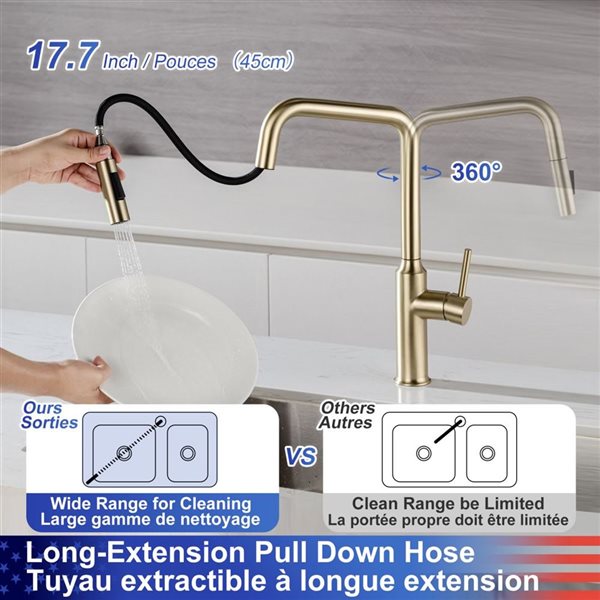 Rainlex Brushed Gold Single Handle Pull Down Sprayer Kitchen Sink Faucet With Supply Lines