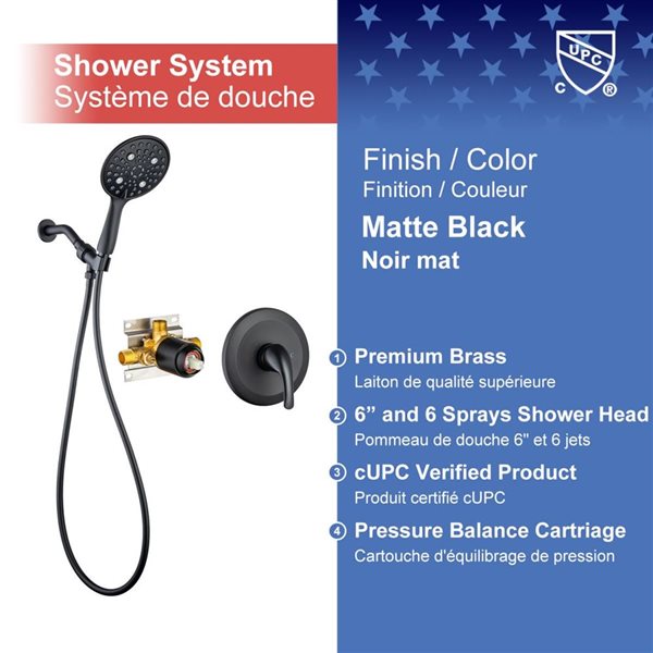 Rainlex 6-in Matte Black Simple Single-Handle 6-Spray Shower Faucet with Handheld