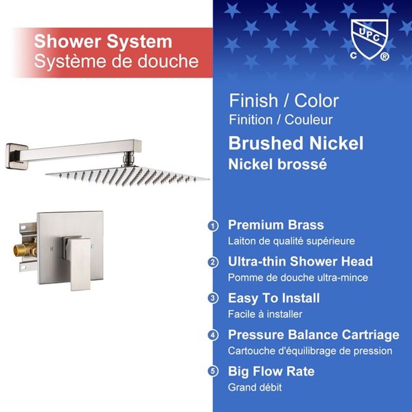 Rainlex 10-in Brushed Nickel Showerhead Single-Handle 1-Spray Square High Pressure Shower Faucet