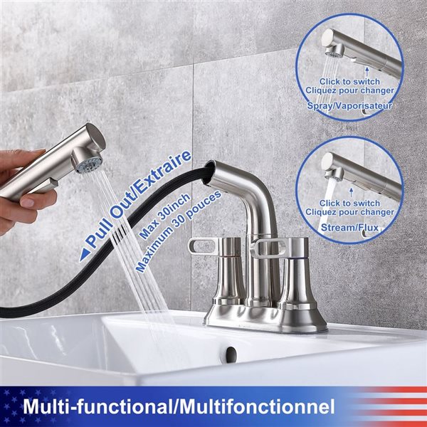 Rainlex 2-Handle Brushed Nickel Pull Out Centerset Bathroom Faucet