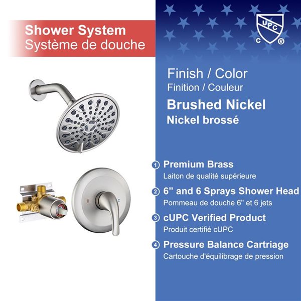 Rainlex 6-in Brushed Nickel Simple Single-Handle 6-Spray Shower Faucet with Handheld