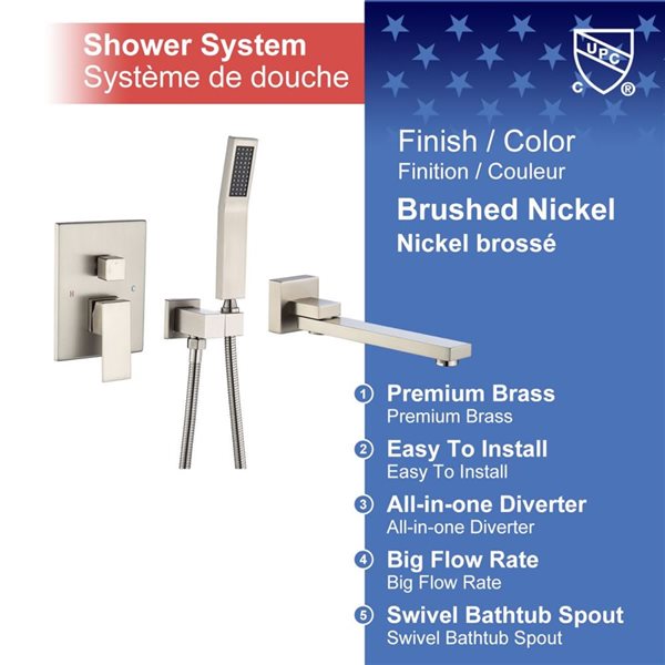 Rainlex Brushed Nickel Single-Handle Wall Mount Roman Tub Faucet with Swivel Tub Spout