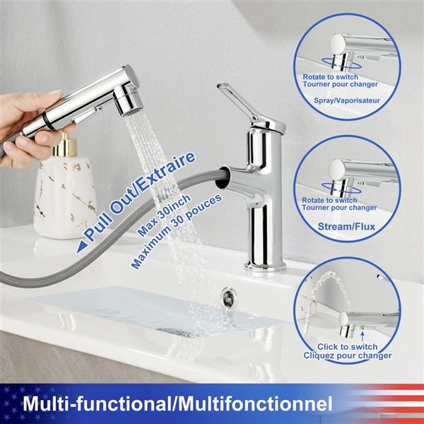 Rainlex 1-Handle Pull Out Bathroom Lavatory Sink Faucet With Chrome Water Supply Line