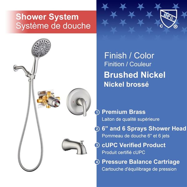 Rainlex 6-in Brushed Nickel Simple Single-Handle 6-Spray Shower Faucet with Tub