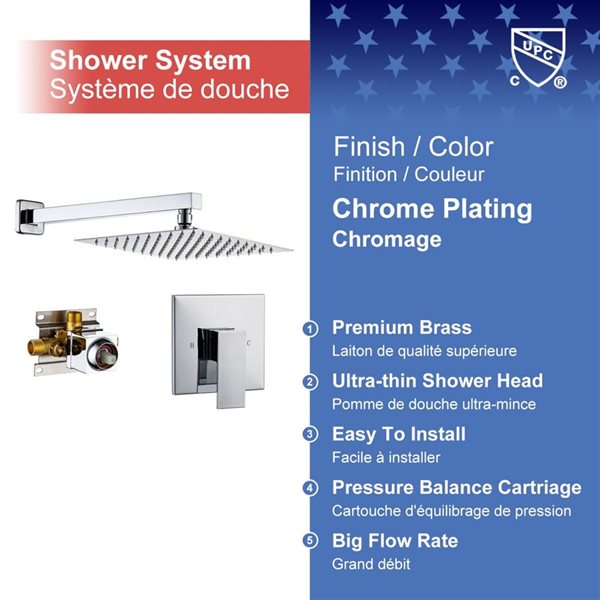 Rainlex 10-in Chrome Showerhead Single-Handle 1-Spray Square High Pressure Shower Faucet