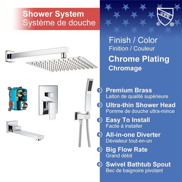 Rainlex 10-in Chrome Single-Handle 3-Sprays Square Showerhead Rainfall Shower Faucet and Tub