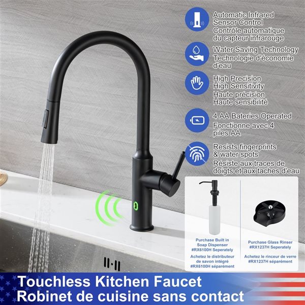 Rainlex Matte Black Touchless Sensor Commercial Pull-Down Single Handle Kitchen Faucet