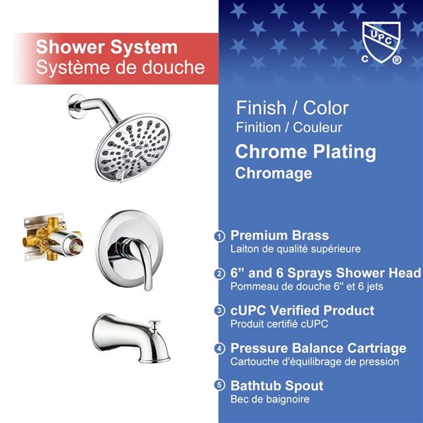 Rainlex 6-in Chrome Simple Single-Handle 6-Spray Bathtub Shower Faucet