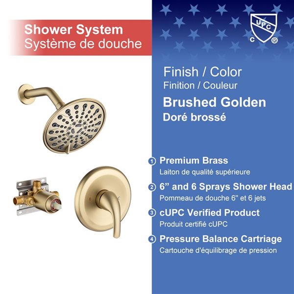 Rainlex Brushed Gold 6-in Single-Handle 6-Spray Shower Faucet with Handheld