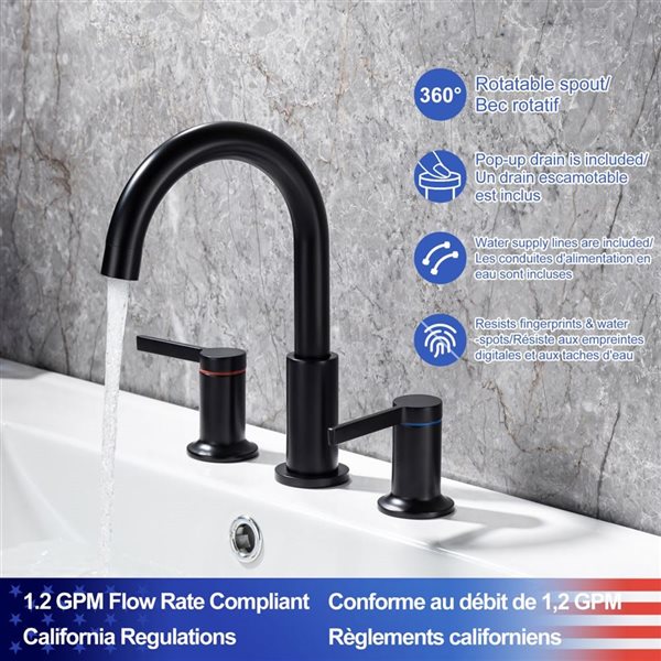 Rainlex 2-Handle Matte Black Widespread Bathroom Faucet with Drain Assembly