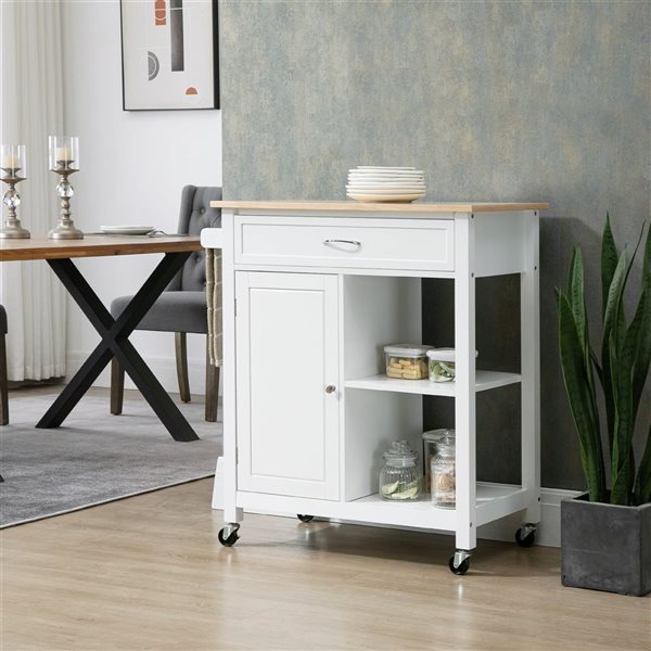 HomCom 32.75 W x 17.75 D x 34.75-in H White Rolling Kitchen Cart w/ Wood Top, Drawer and Shelves