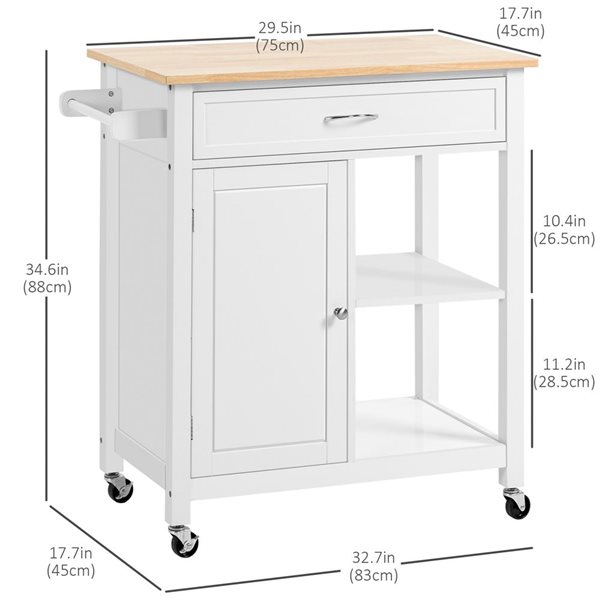 HomCom 32.75 W x 17.75 D x 34.75-in H White Rolling Kitchen Cart w/ Wood Top, Drawer and Shelves