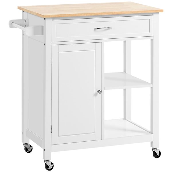 Chariot de cuisine mobile HomCom 32,75 l. x 17,75 p. x 34,75 po h. blanc avec dessus en bois et tiroir