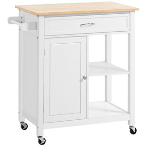 Chariot de cuisine mobile HomCom 32,75 l. x 17,75 p. x 34,75 po h. blanc avec dessus en bois et tiroir