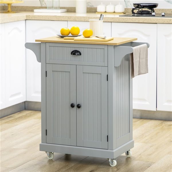 HomCom 33.9 W x 15.6 D x 34.8-in H Grey Kitchen Island on Wheels w/Drawer, Towel Bar and Cabinet