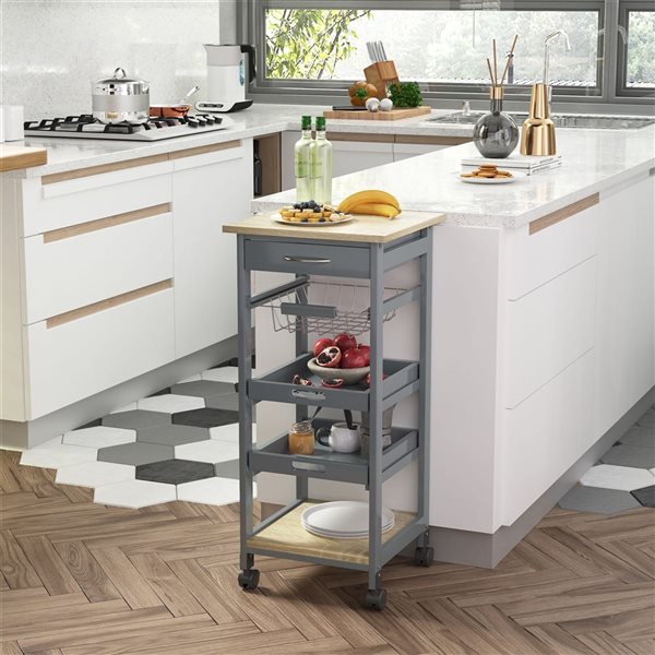 HomCom 14.6 W x 14.6 D x 32.3-in H Grey Rolling Kitchen Cart w/ Wire Basket, Trays and Shelf