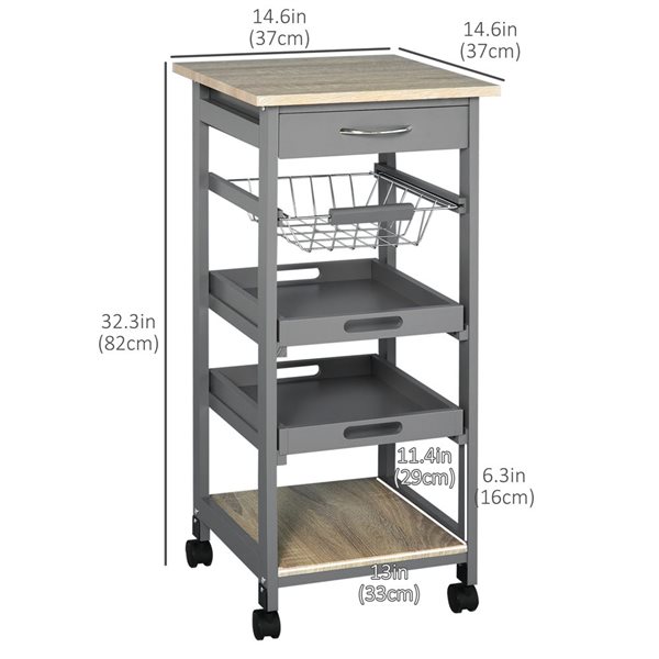 HomCom 14.6 W x 14.6 D x 32.3-in H Grey Rolling Kitchen Cart w/ Wire Basket, Trays and Shelf