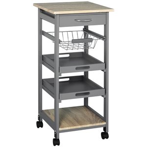 HomCom 14.6 W x 14.6 D x 32.3-in H Grey Rolling Kitchen Cart w/ Wire Basket, Trays and Shelf