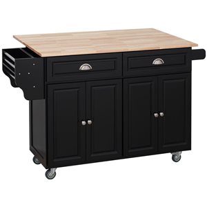 Îlot de cuisine sur roulettes HomCom 57,5 L. x 29,3 l. x 36,8 po h. noir et bois d'hévéa avec tiroirs et armoire