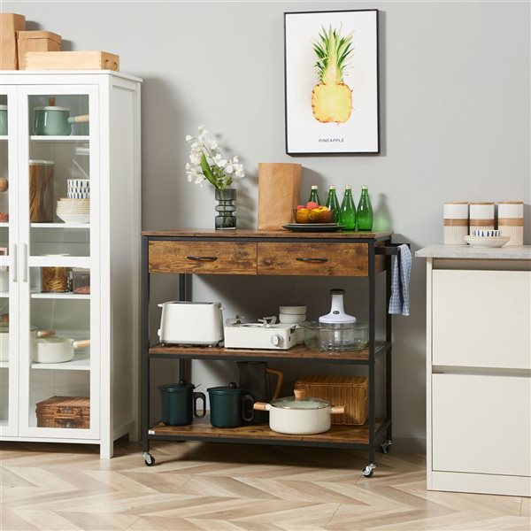 HomCom 39.4 L x 19.7 W x 36.6-in H Brown Industrial-Style Rolling Kitchen Cart w/ Drawers, Shelves