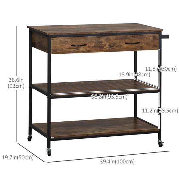 HomCom 39.4 L x 19.7 W x 36.6-in H Brown Industrial-Style Rolling Kitchen Cart w/ Drawers, Shelves