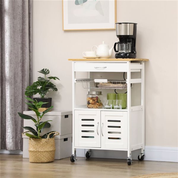 HomCom 22.8 W x 14.6 D x 33.7-in H White Kitchen Island on Wheels w/ Storage Cabinet, Drawer and Wire Basket