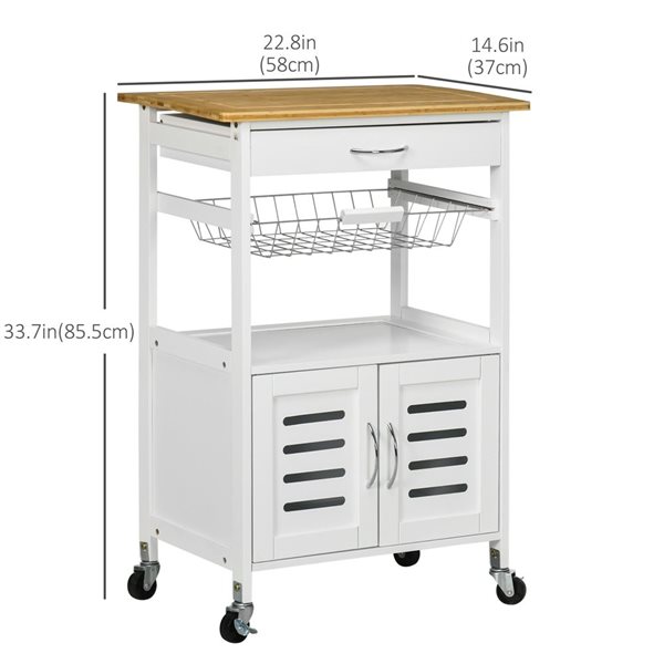 HomCom 22.8 W x 14.6 D x 33.7-in H White Kitchen Island on Wheels w/ Storage Cabinet, Drawer and Wire Basket