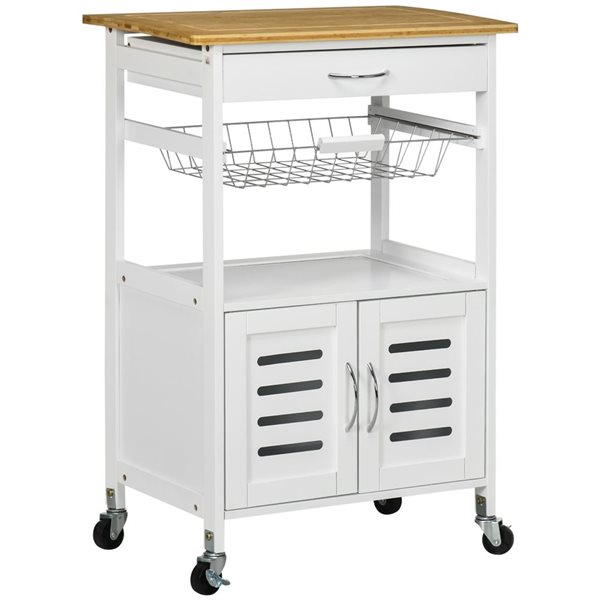 HomCom 22.8 W x 14.6 D x 33.7-in H White Kitchen Island on Wheels w/ Storage Cabinet, Drawer and Wire Basket