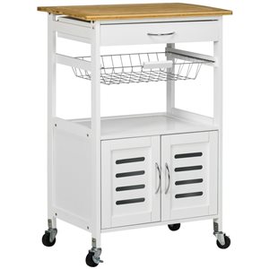 HomCom 22.8 W x 14.6 D x 33.7-in H White Kitchen Island on Wheels w/ Storage Cabinet, Drawer and Wire Basket