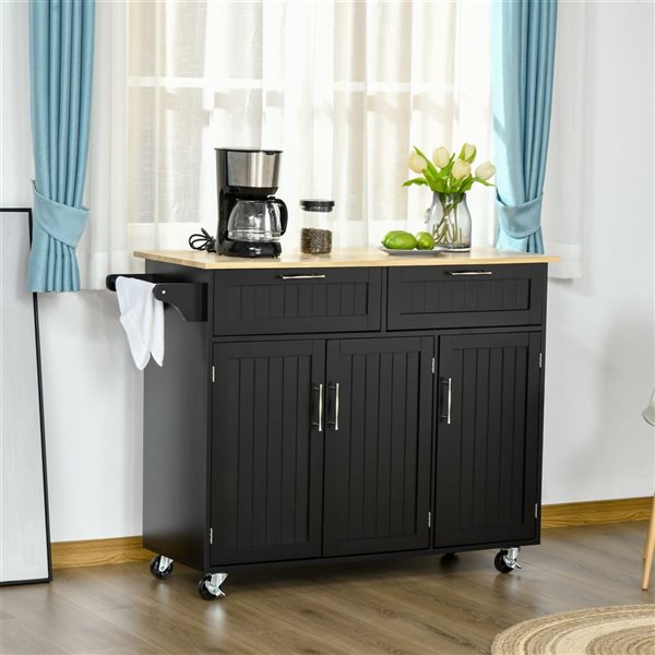 HomCom 47.75 W x 18 D x 35.75-in H Black Rolling Kitchen Island w/ Towel Bar, Drawers and Cabinets