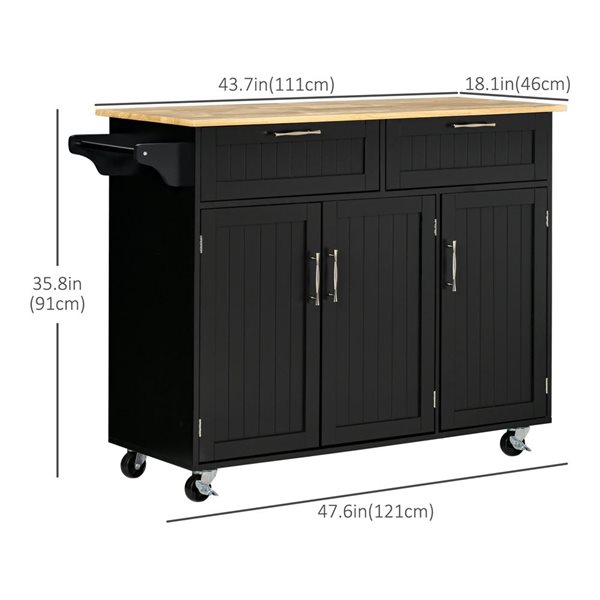 HomCom 47.75 W x 18 D x 35.75-in H Black Rolling Kitchen Island w/ Towel Bar, Drawers and Cabinets