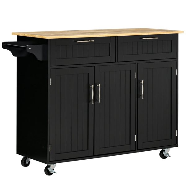 HomCom 47.75 W x 18 D x 35.75-in H Black Rolling Kitchen Island w/ Towel Bar, Drawers and Cabinets