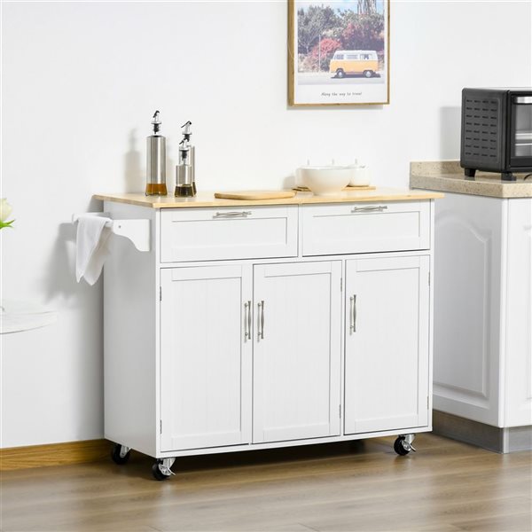 HomCom 47.75 W x 18 D x 35.75-in H White Rolling Kitchen Island w/ Towel Bar, Drawers and Cabinets