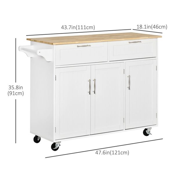 HomCom 47.75 W x 18 D x 35.75-in H White Rolling Kitchen Island w/ Towel Bar, Drawers and Cabinets