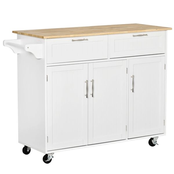 Îlot de cuisine sur roues HomCom 47,75 l. x 18 p. x 35,75 po h. blanc avec porte-serviettes, tiroirs et armoires