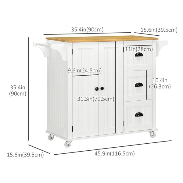 HomCom 45.9 W x 15.6 D x 35.4-in H White Kitchen Island on Wheels w/ Storage Cabinet and Drawers