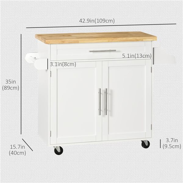 HomCom 42.9 W x 15.7 D x 35-in H White Rolling Kitchen Island w/ Rubberwood Top