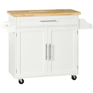 Îlot de cuisine roulant HomCom 42,9 l. x 15,7 p. x 35 po h. blanc avec plateau en bois d'hévéa