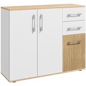 Armoire de rangement HomCom 35,4 l. x 11,8 p. x 29,7 po h. aspect bois et blanc avec 2 tiroirs et 3 portes